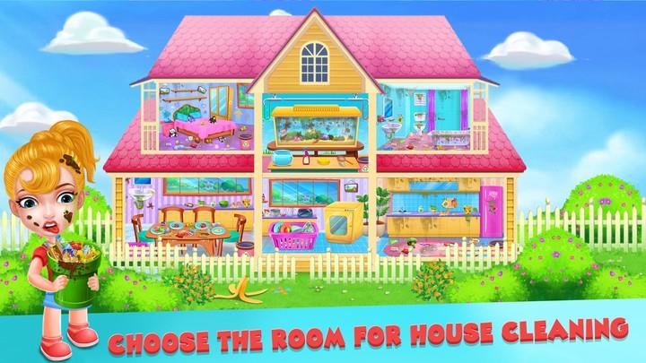 Girl home cleaning fun