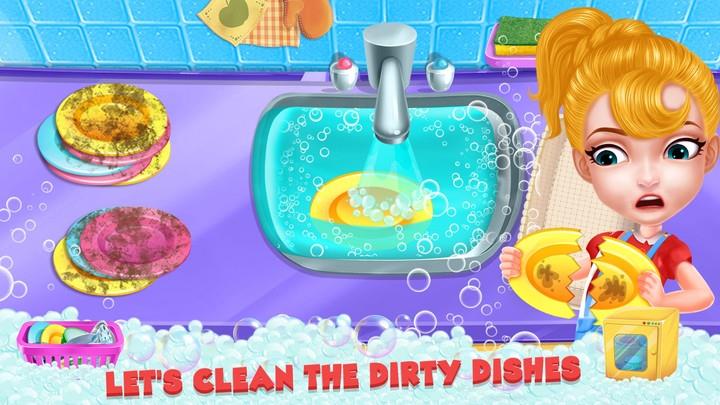 Girl home cleaning fun