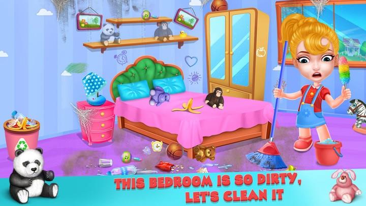 Girl home cleaning fun