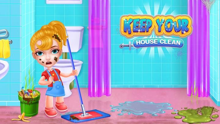 Girl home cleaning fun