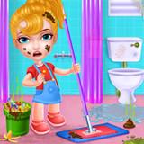 Girl home cleaning fun